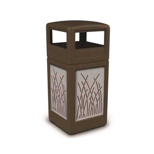 Commercial Zone PolyTec 42 Gallon Trash Container, Brown with Stainless Steel Panels, Reeds
